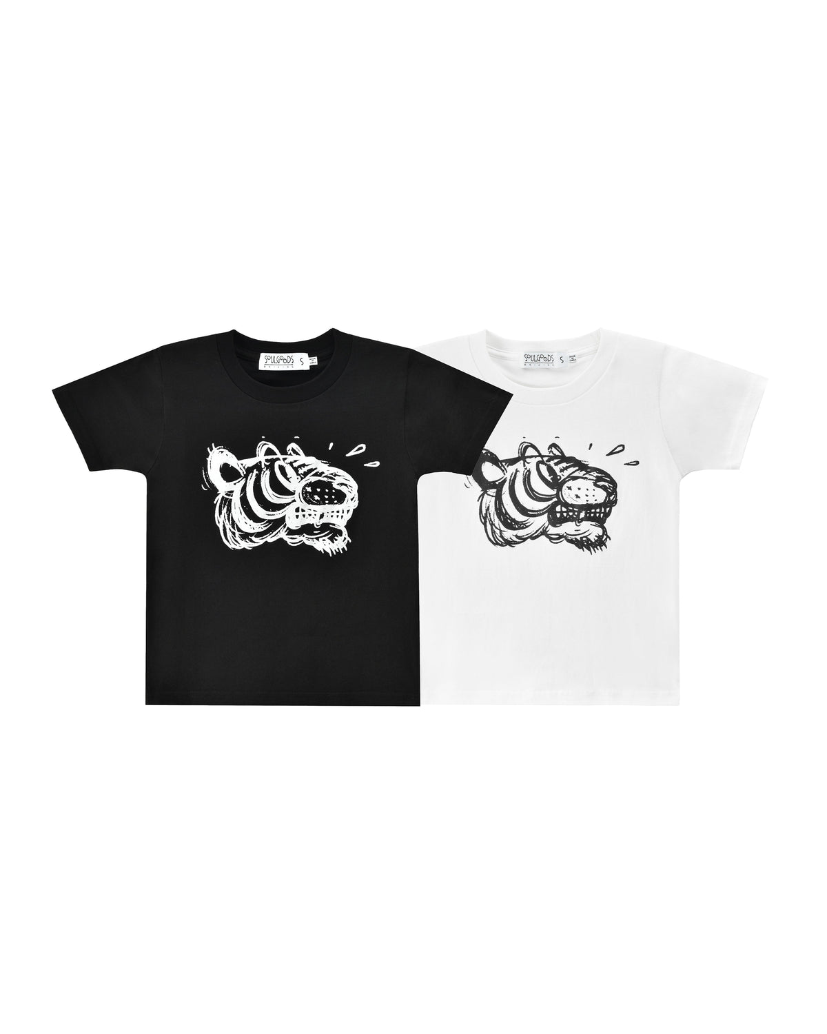 Two crew neck t-shirts, one black and one white, each with a stylized soulgoods tiger graphic on the front.