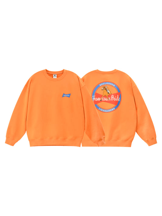 Orange sweatshirt with front and back designs on a white background