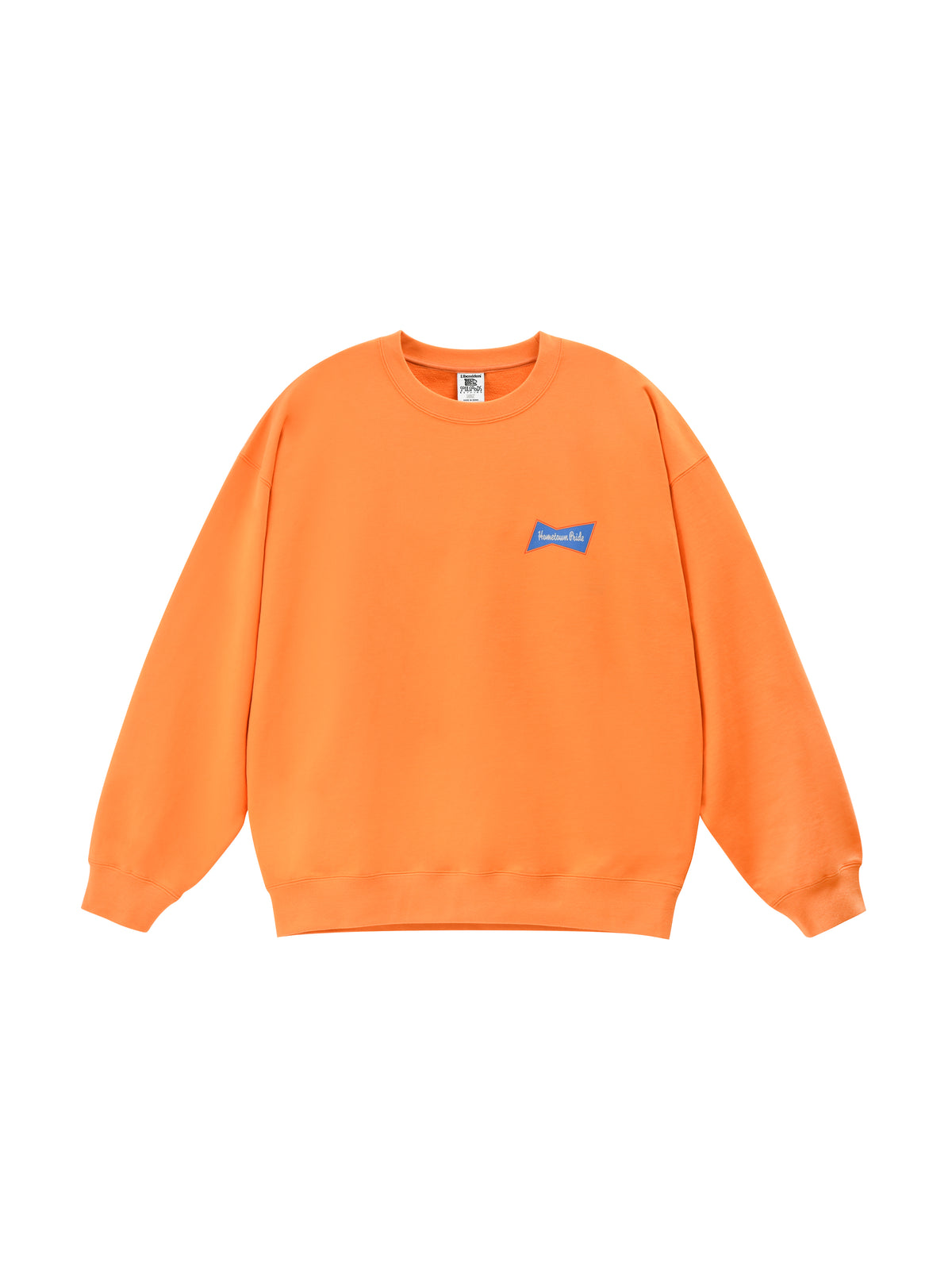 Orange sweatshirt with a small blue logo on a white background