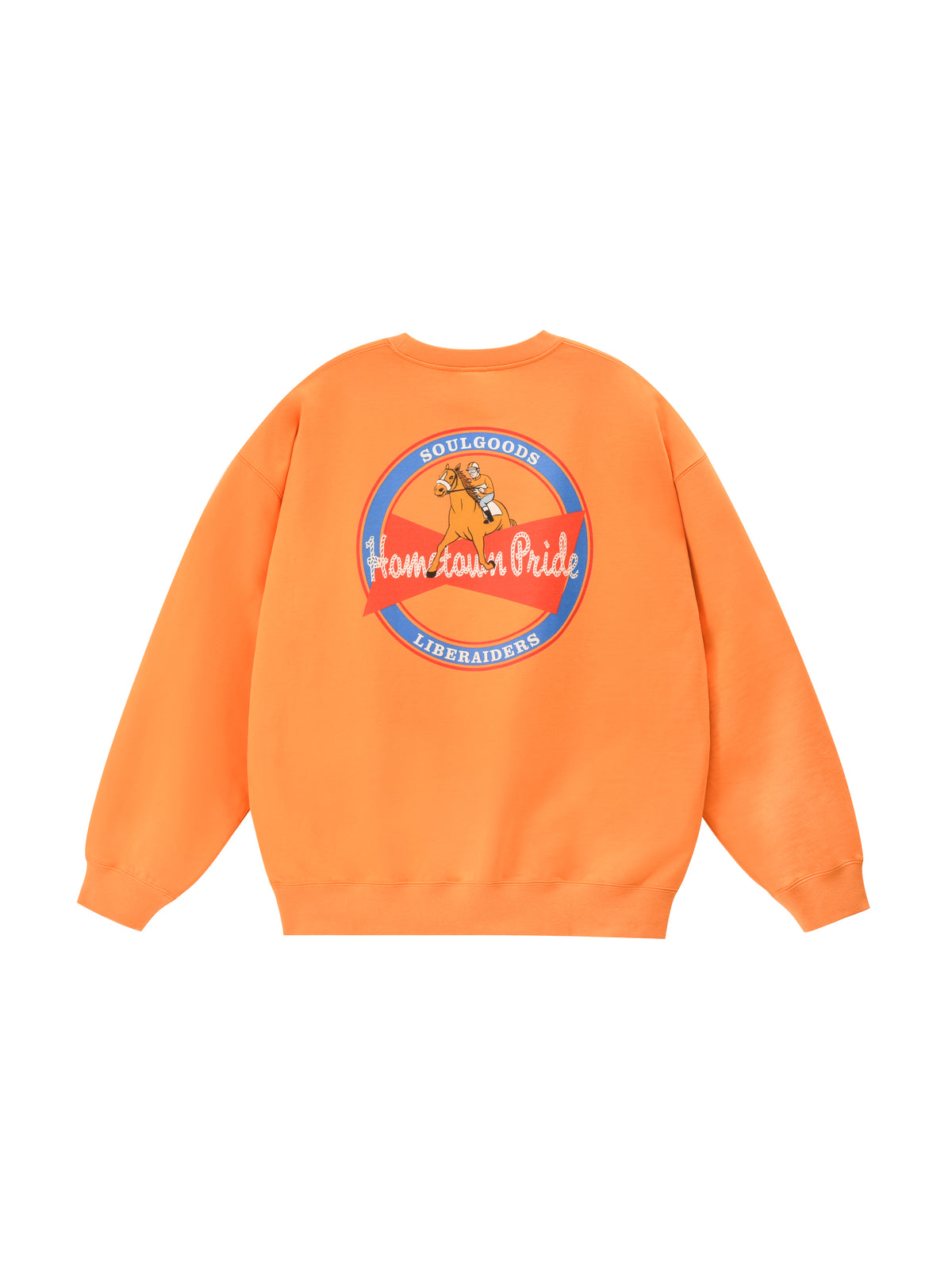 Orange sweatshirt with a graphic design on the back against a white background