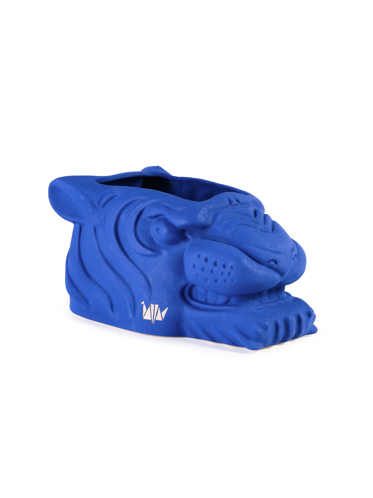 Blue tiger head-shaped container on a white background