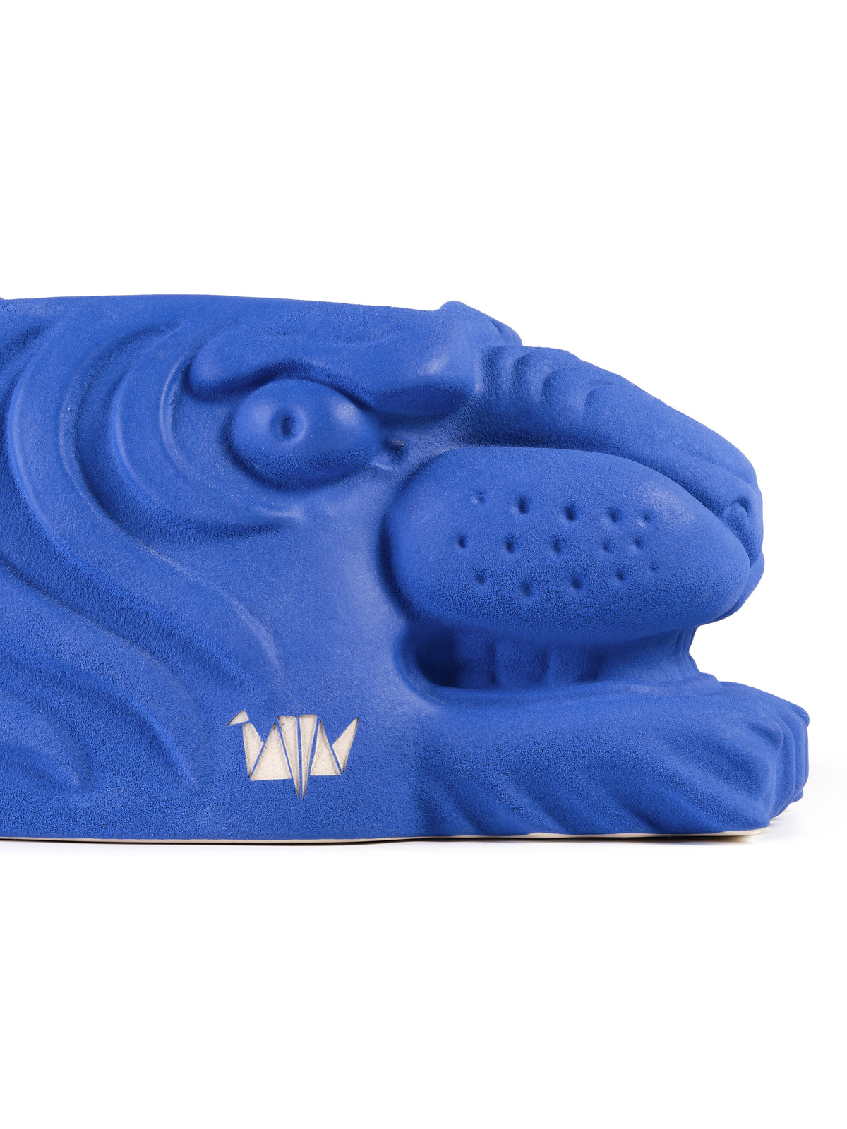 Blue tiger-shaped object with a logo on a white background