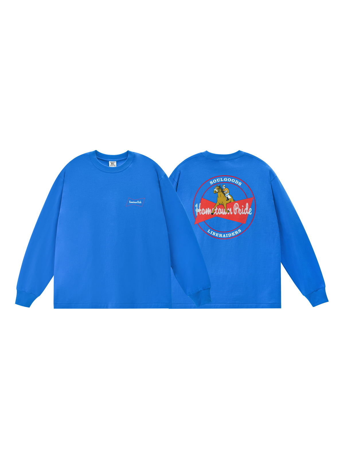 Blue long-sleeve shirt with a logo on the chest displayed from front and back views.