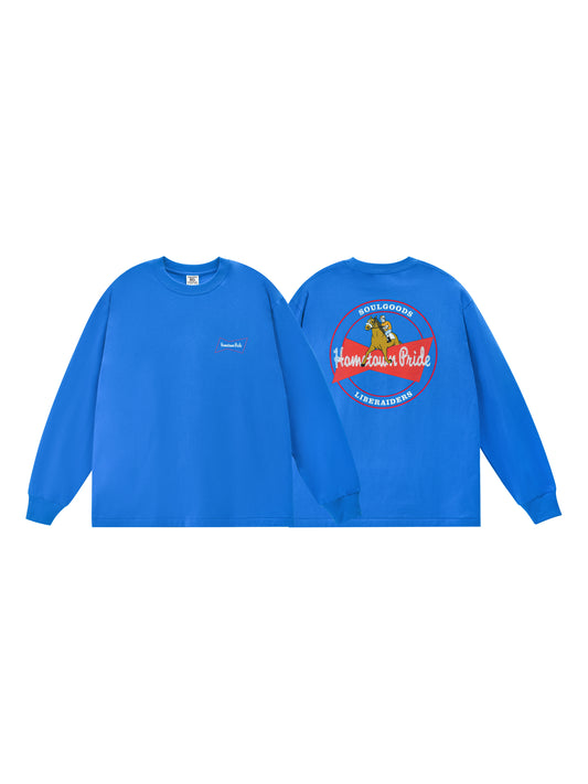 Blue long-sleeve shirt with a logo on the chest displayed from front and back views.
