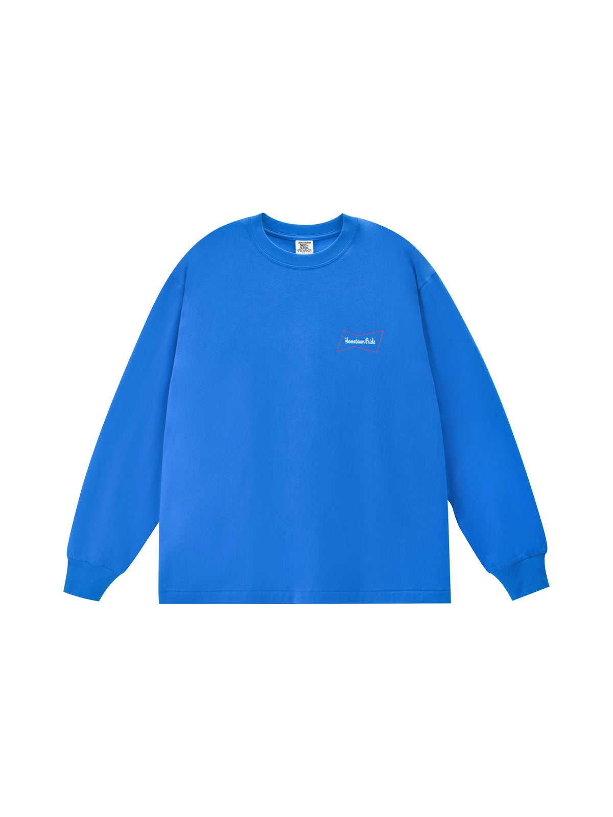 Blue long-sleeve shirt with a small white logo on a white background