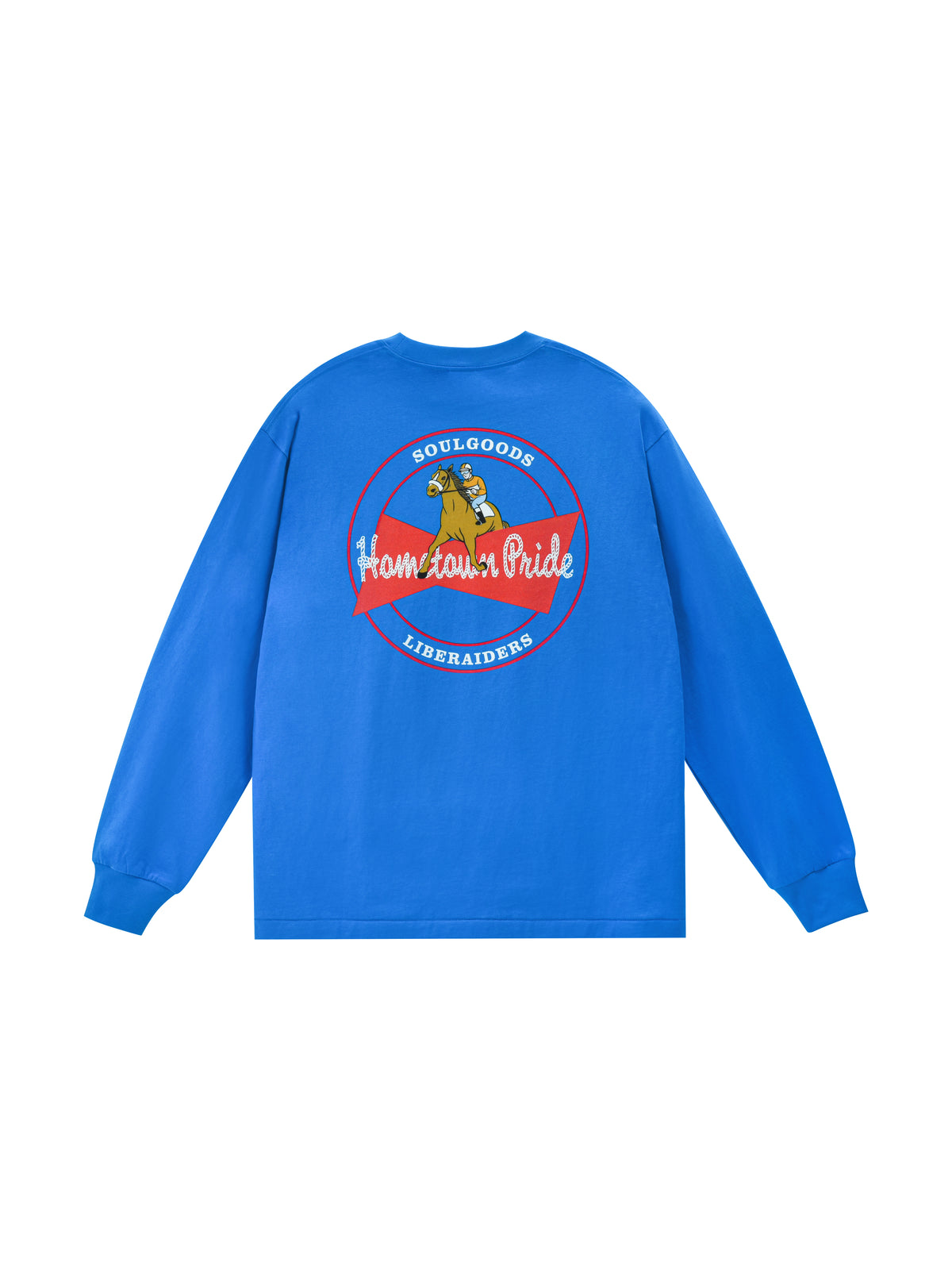 Blue long-sleeve shirt with a graphic design a person riding a horse on the back against a white background