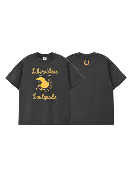 Black t-shirt with yellow graphics and text on a white background