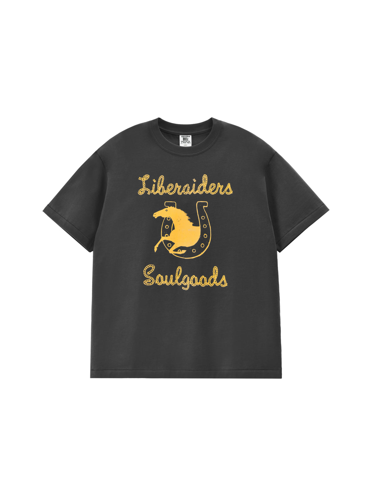 Black t-shirt with gold graphics and text on a white background