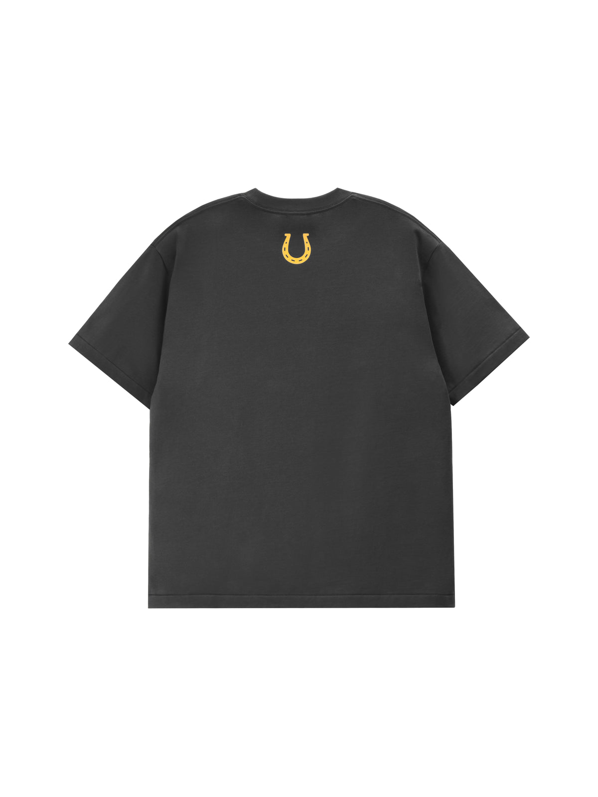 Black t-shirt with a gold logo on the back against a white background