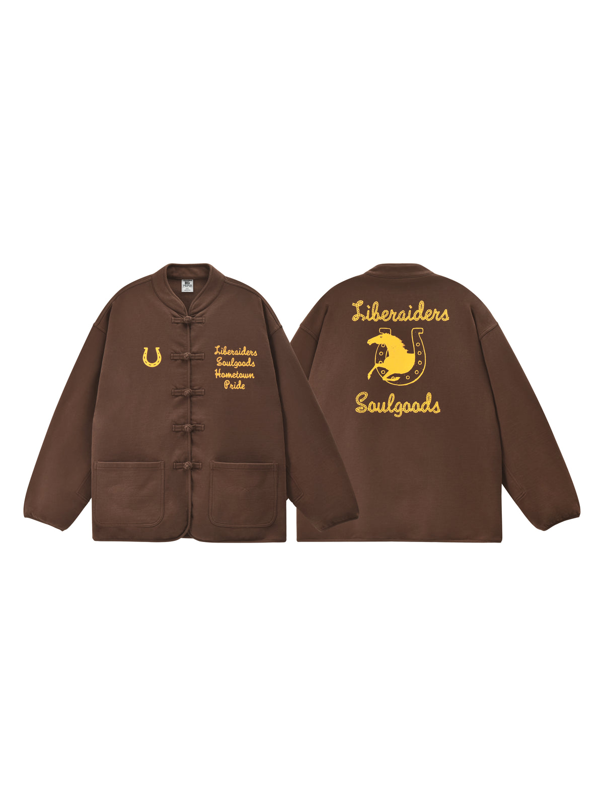 Brown jacket with yellow text and Liberaiders x SOULGOODS logo on a white background
