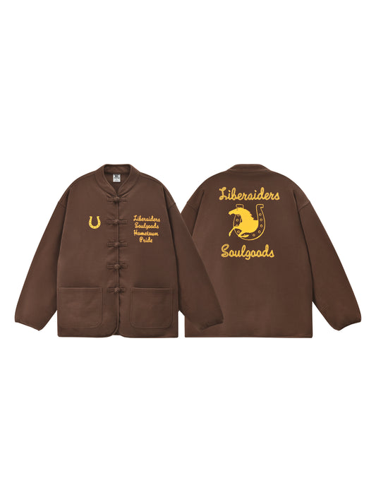 Brown jacket with yellow text and Liberaiders x SOULGOODS logo on a white background