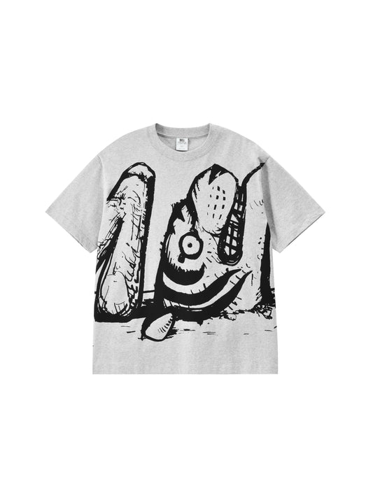 Gray t-shirt with black graphic design on a white background