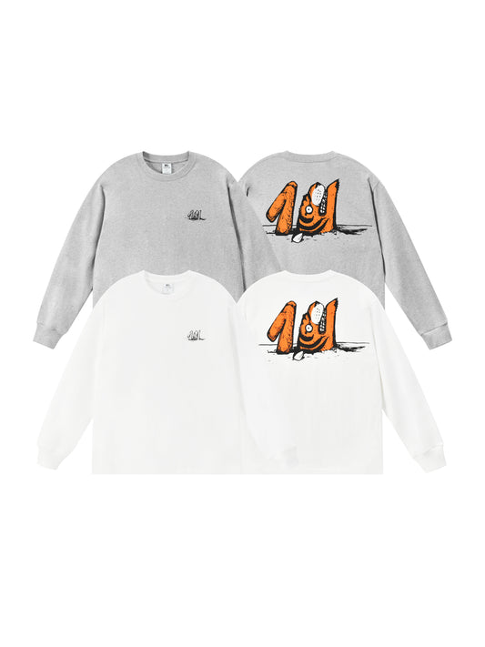 Two long-sleeve shirts, one gray and one white, with a cartoon character design on a white background.