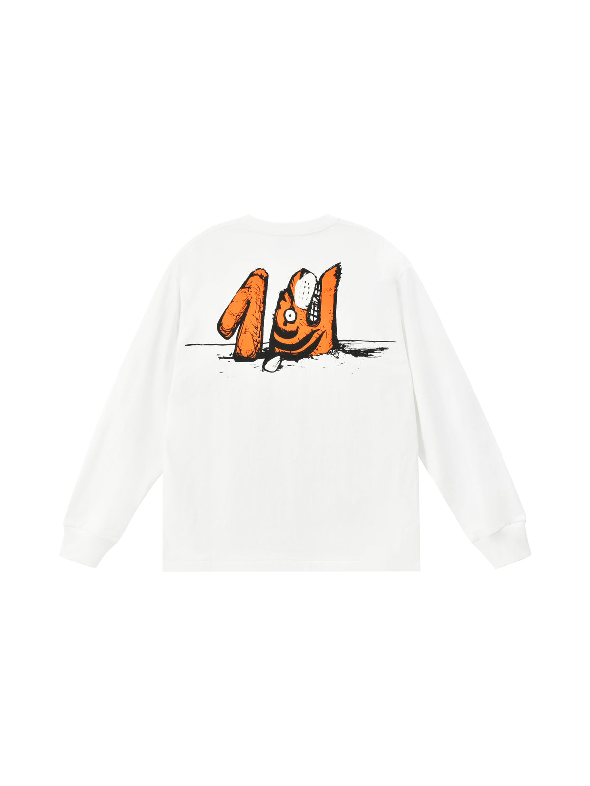 White sweatshirt with a graphic design on a white background