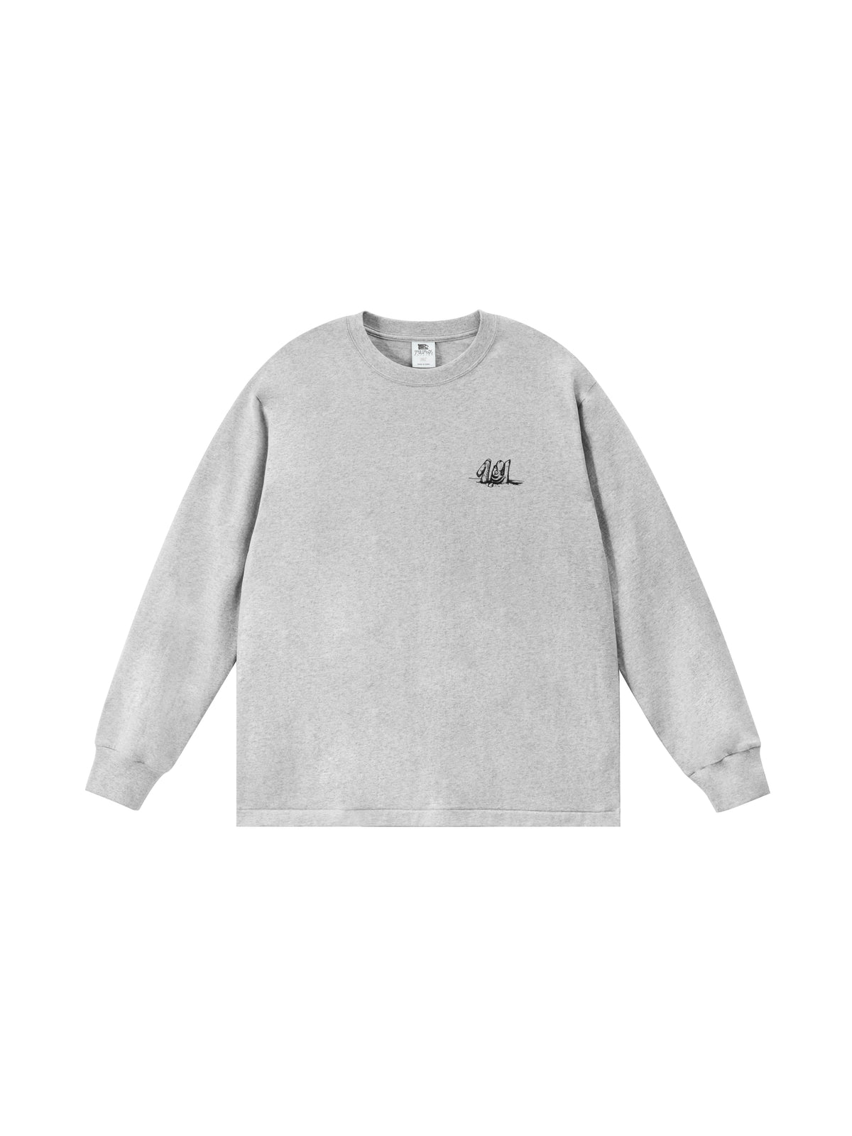 Gray long-sleeve shirt with a small logo on a white background