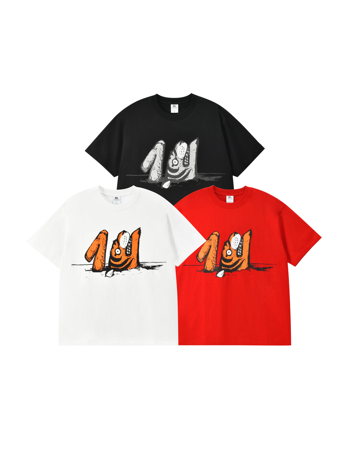 Three t-shirts in black, white, and red with cartoon tiger designs on a white background