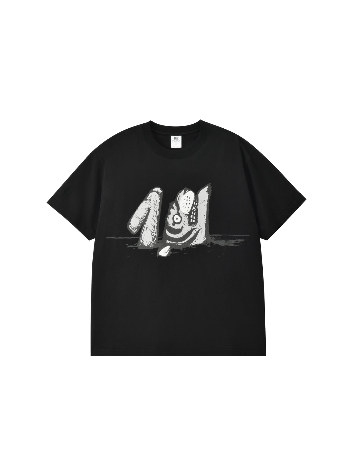 Black t-shirt with a white graphic tiger design on a white background