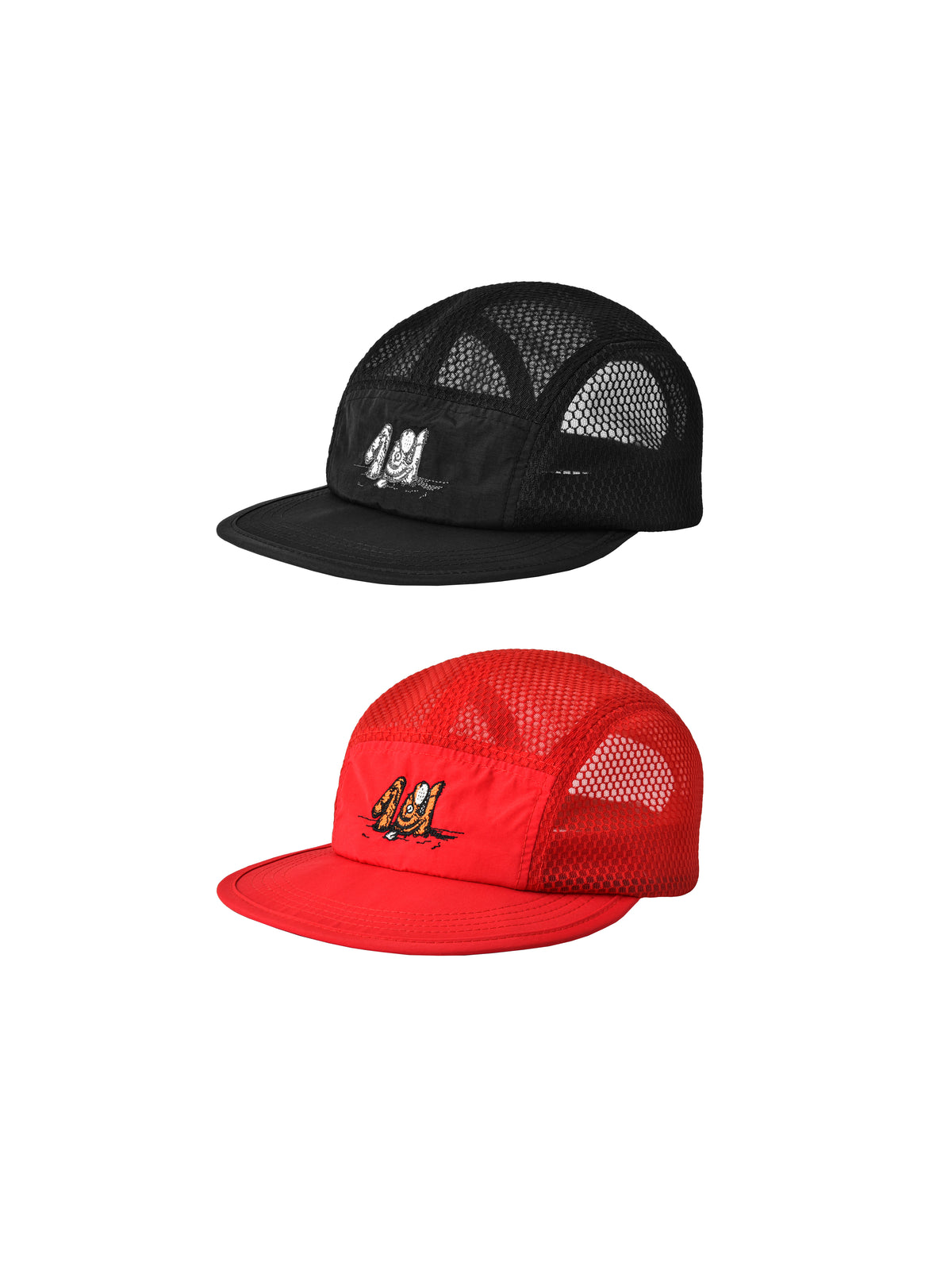 Black and red mesh caps on a white background