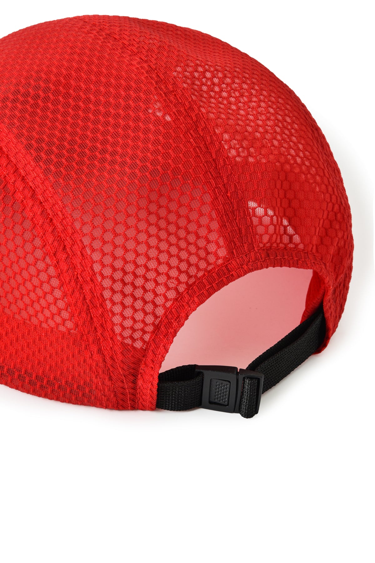 Red mesh cap with a black strap on a white background