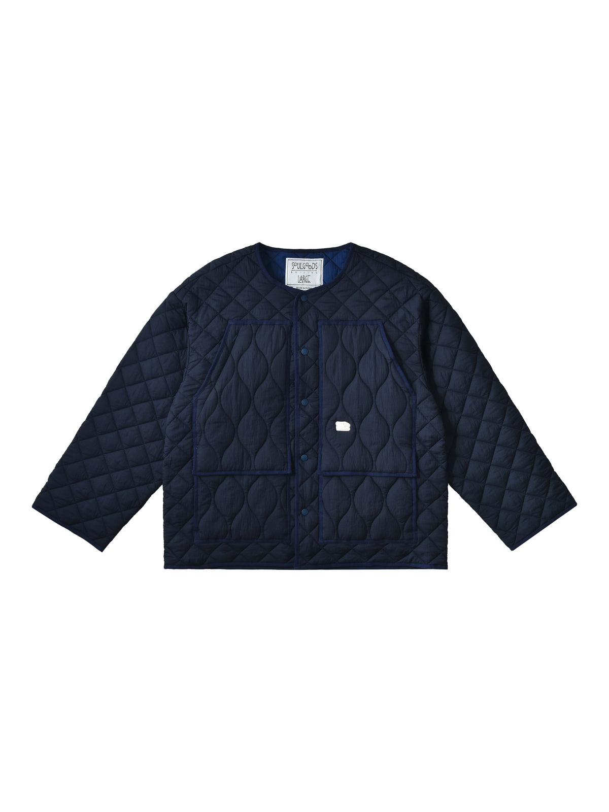 Navy quilted jacket on a white background