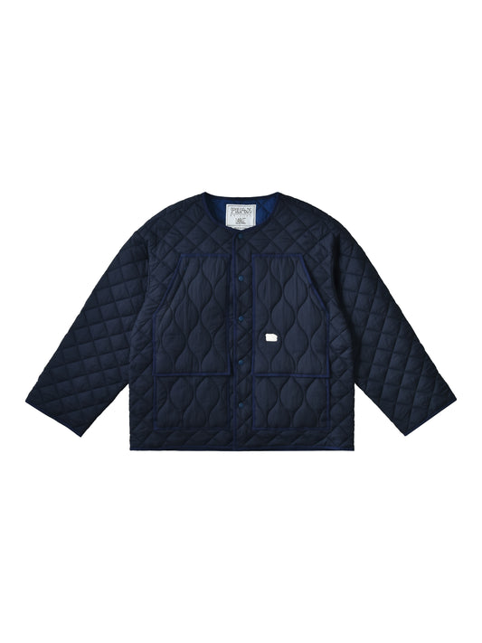 Navy quilted jacket on a white background