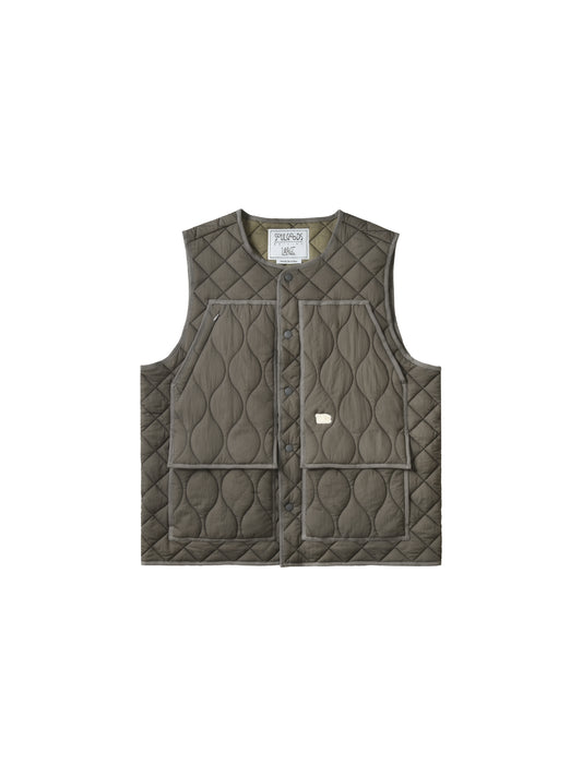 Quilted vest with a brand label on a white background