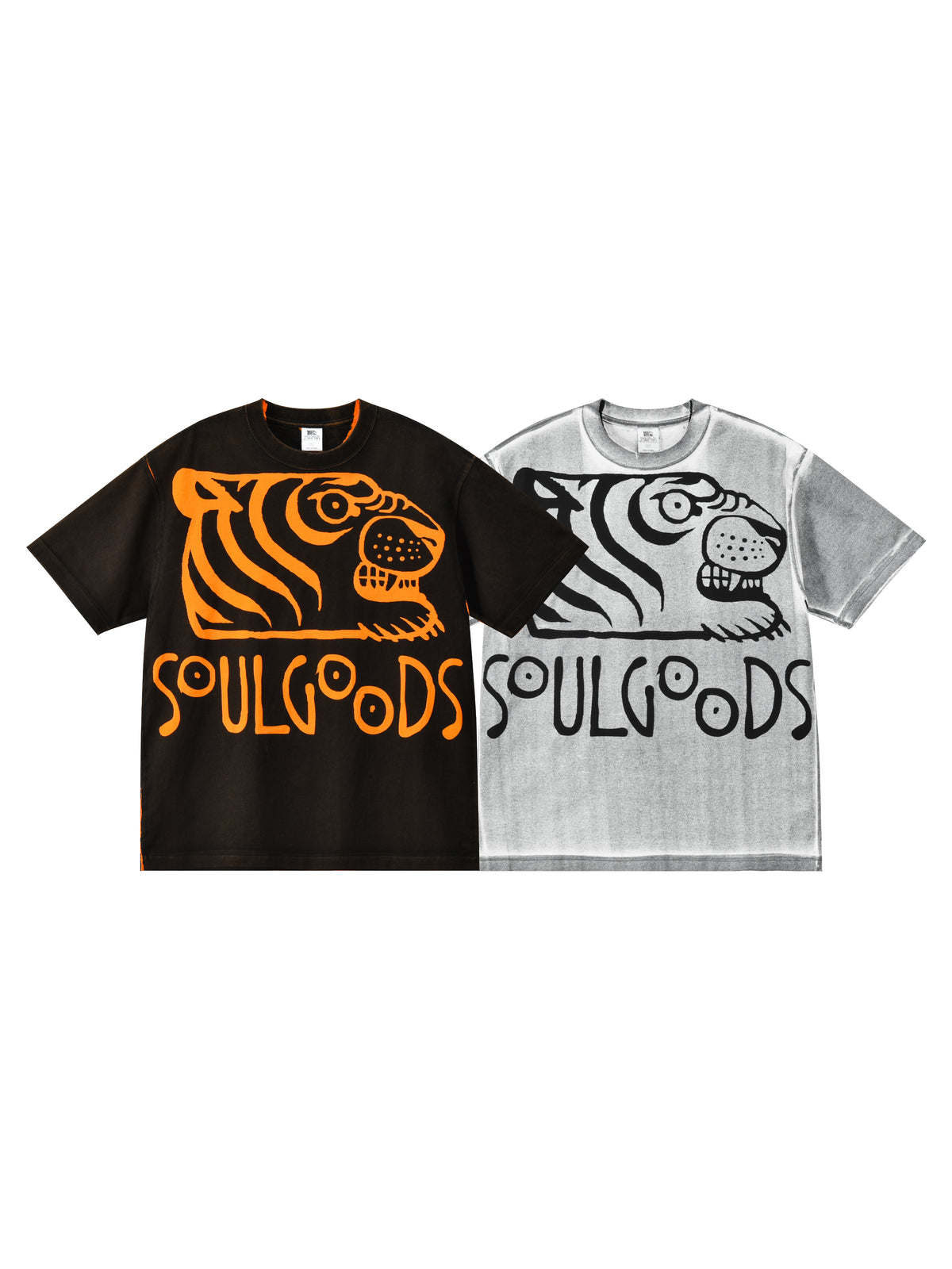 Two t-shirts, one black and one gray, with 'Soulgoods' branding and tiger designs.