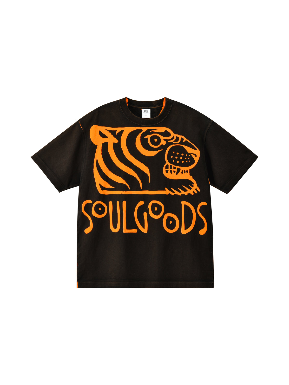 Black t-shirt with orange tiger graphic and 'SOULGOODS' text on a white background