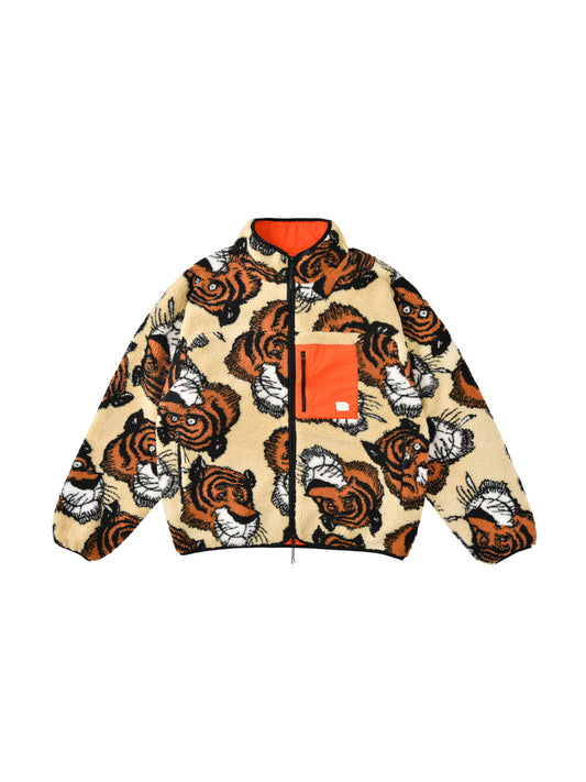 Jacket with tiger pattern and orange accents on a white background