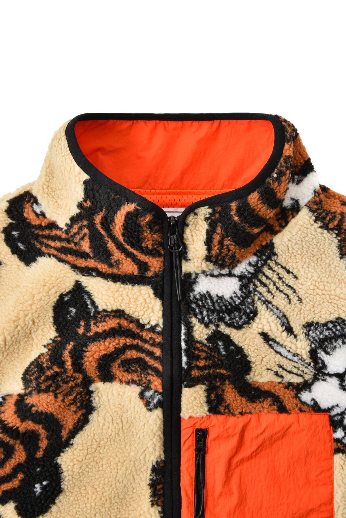 Fleece jacket with soulgoods tiger pattern and orange interior on a white background