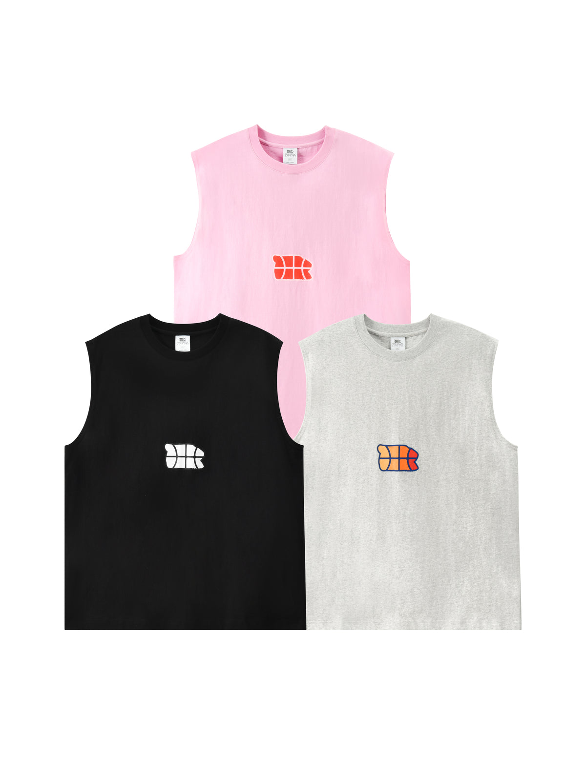 Three sleeveless crop tank tops arranged on a white background: a black top with a white graphic, a light pink top with an orange graphic, and a light gray top with a red-orange graphic.