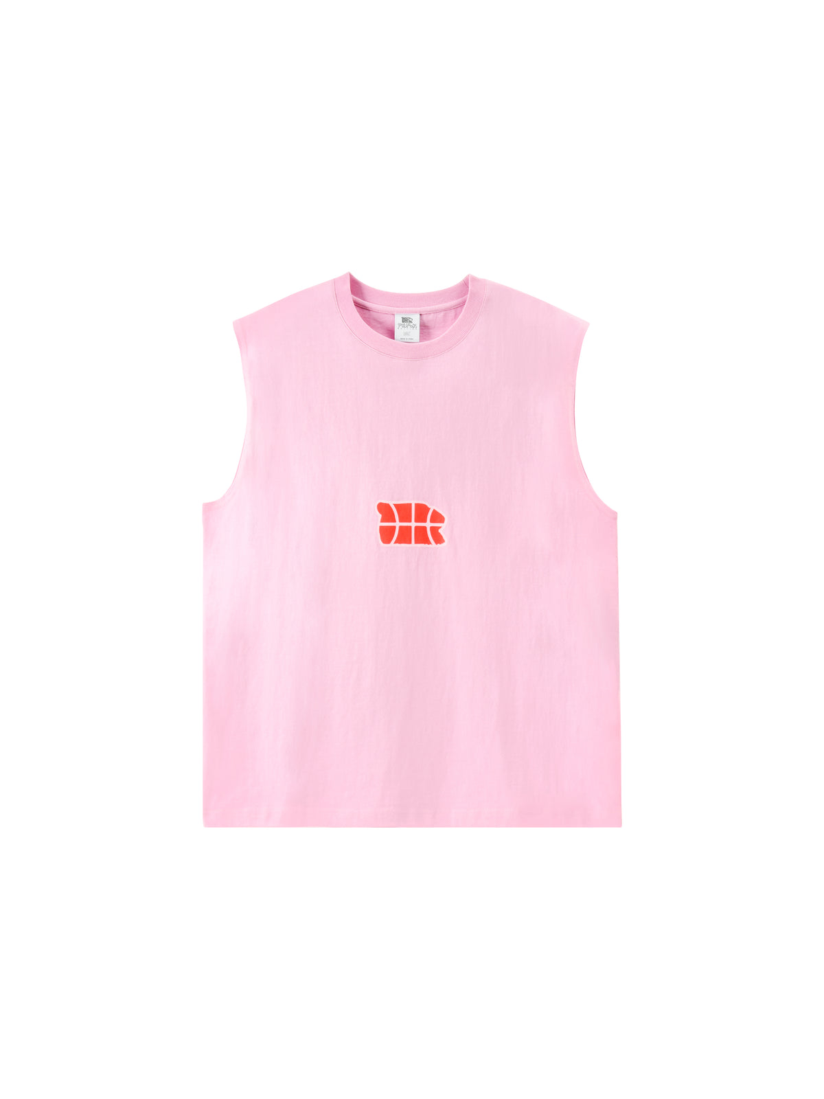 A light pink sleeveless crop top with a small orange graphic logo on the center chest, displayed flat against a solid white background.