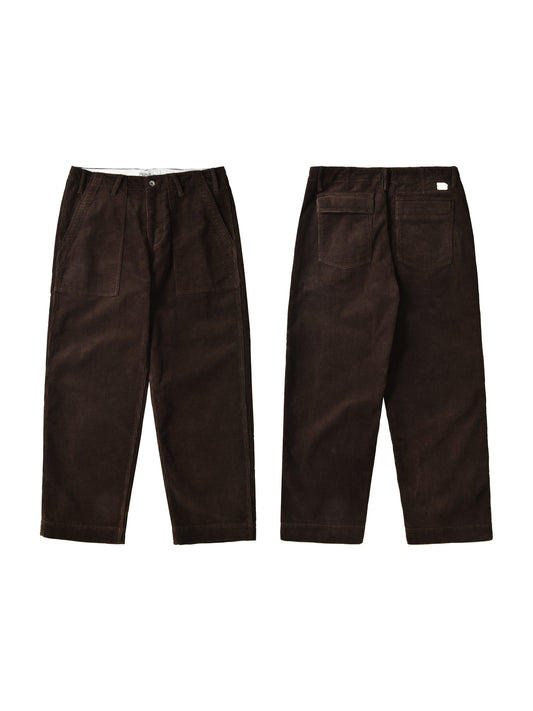 Brown pants shown from front and back on a white background