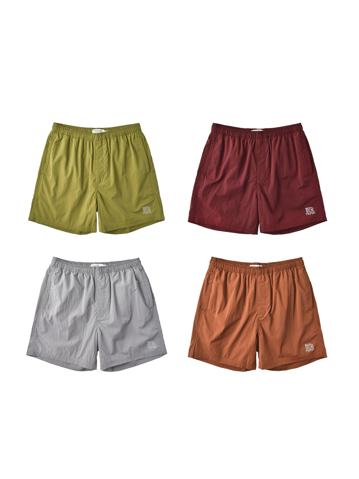 Four pairs of men's athletic shorts arranged in a 2x2 grid on a white background, featuring olive green, burgundy, light gray, and rust orange colors.