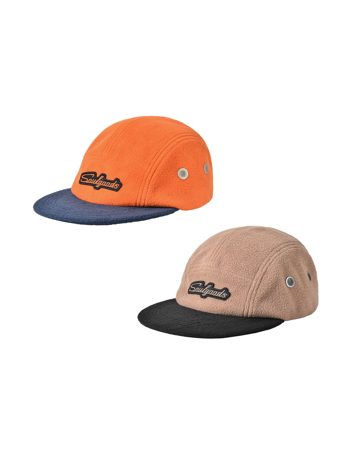 Two caps, one orange and blue, the other beige and black, with soulgoods logo on the front, on a white background.