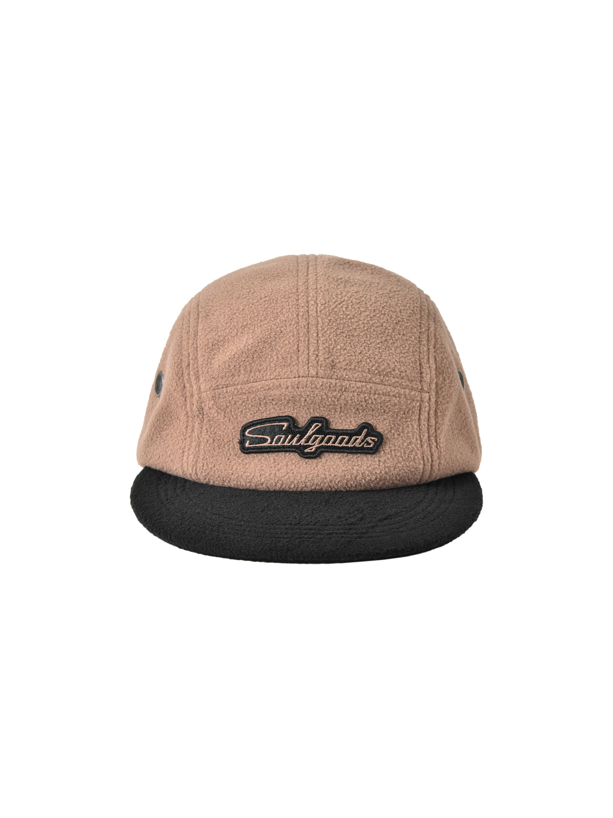 Beige cap with black brim and 'Soulgoods' logo on a white background