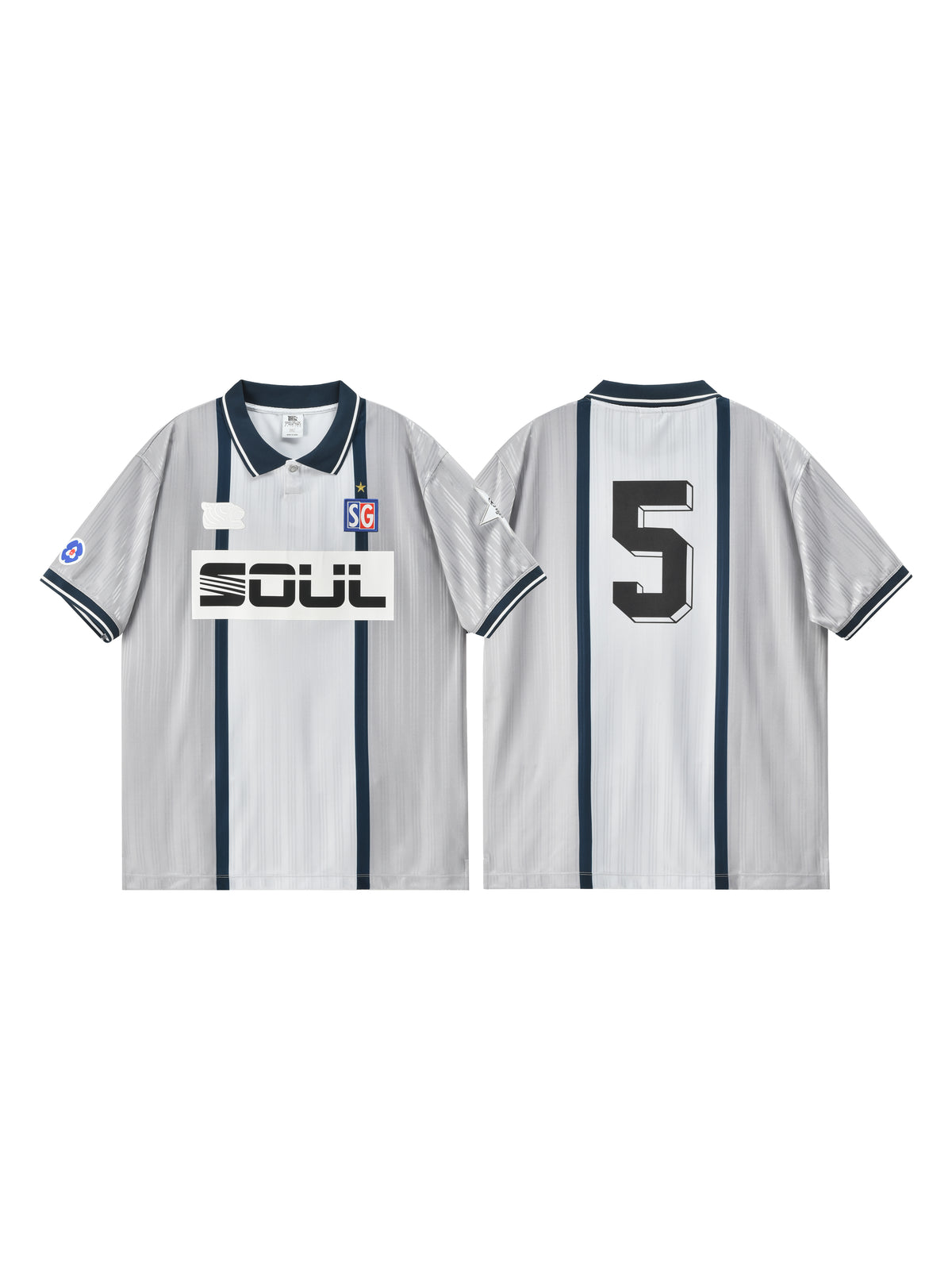 White sports jersey with black accents and branding on a white background