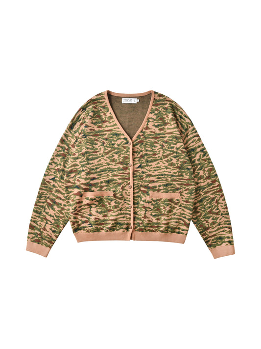 Camouflage-patterned cardigan on a white background
