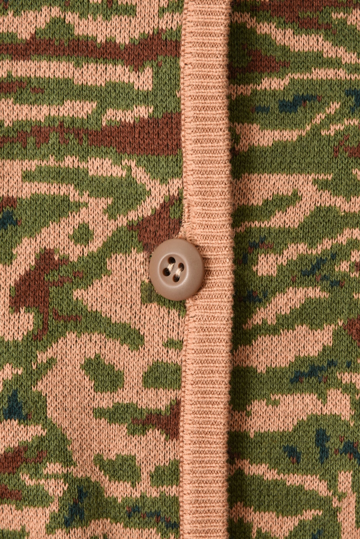 Close-up of a camouflage fabric with a button and zipper tab.