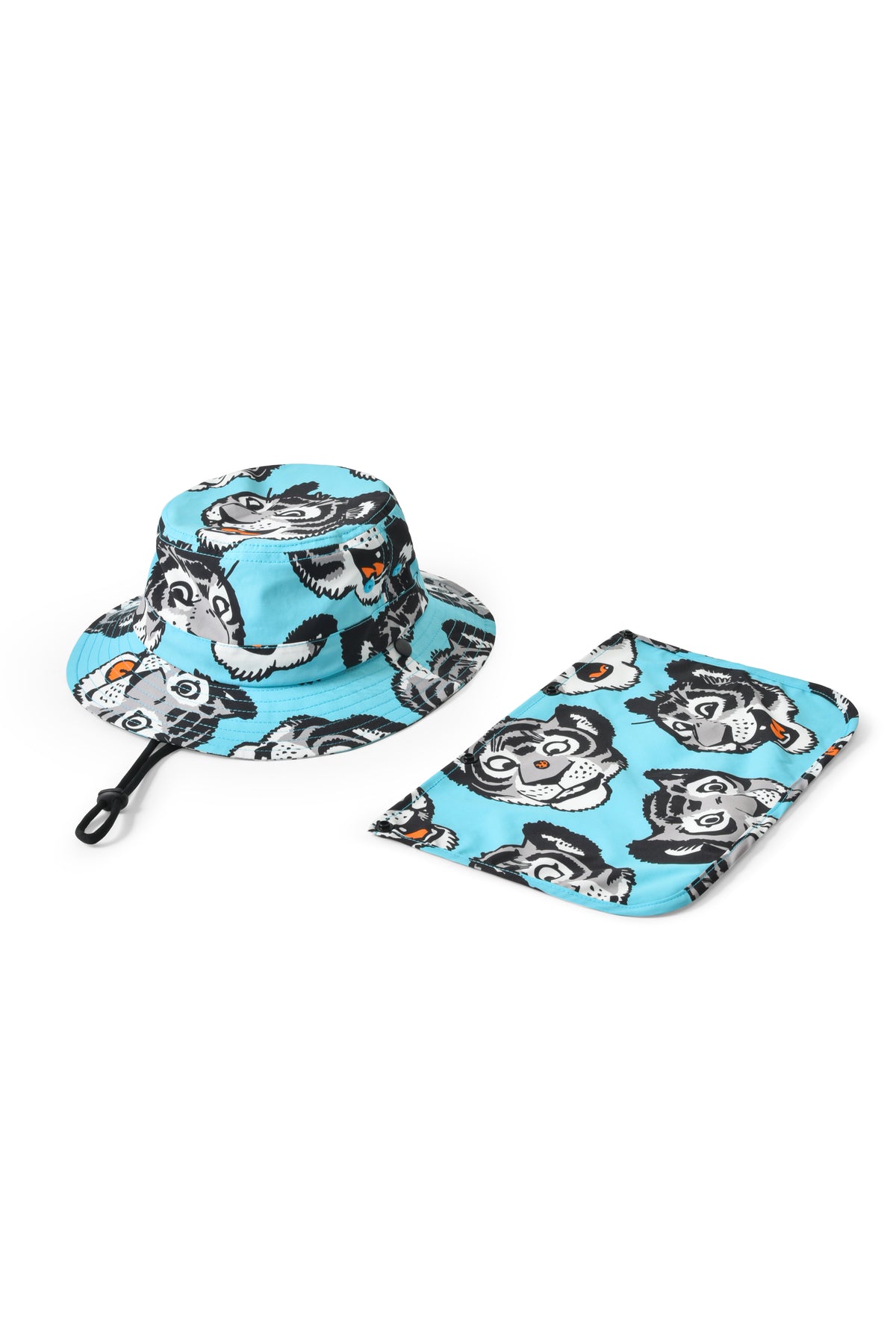 Bucket hat and pouch with soulgoods tiger pattern on a white background
