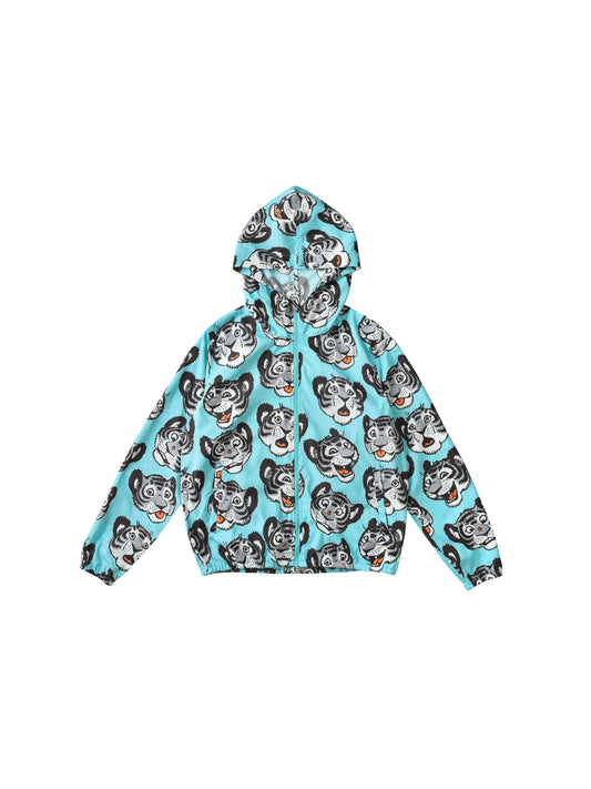 Hoodie with cartoon soulgoods tiger pattern on a light blue background