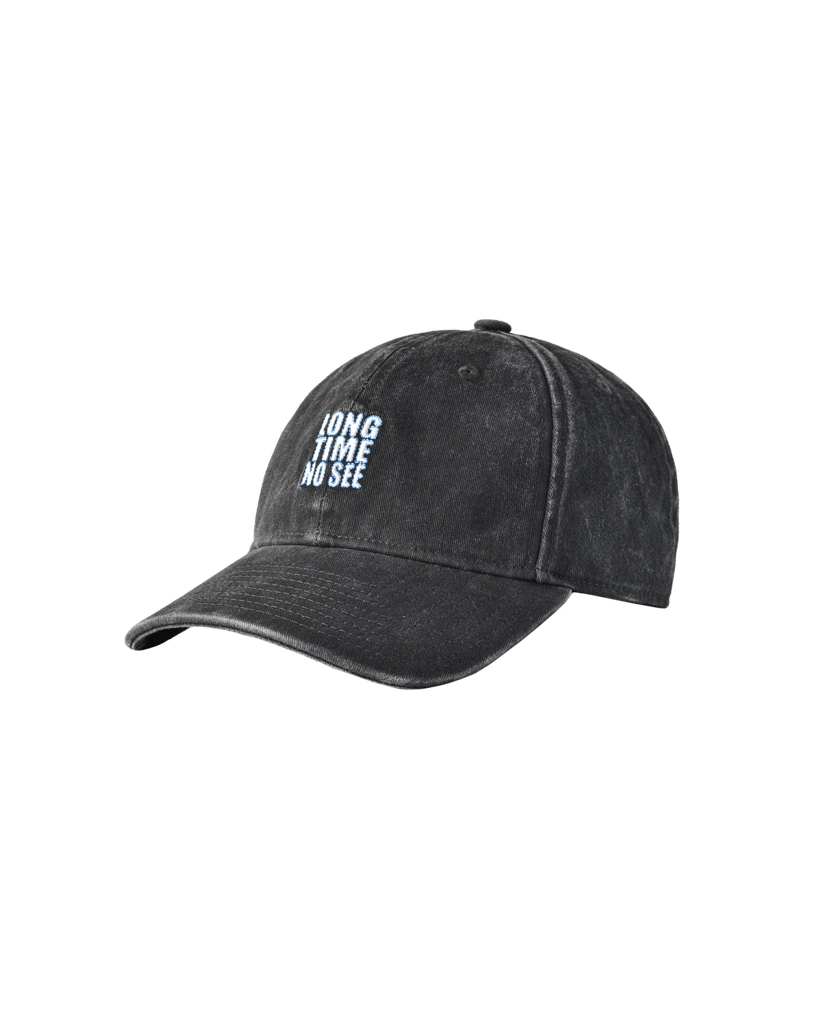 Black cap with white text"Long Time No See" on a white background
