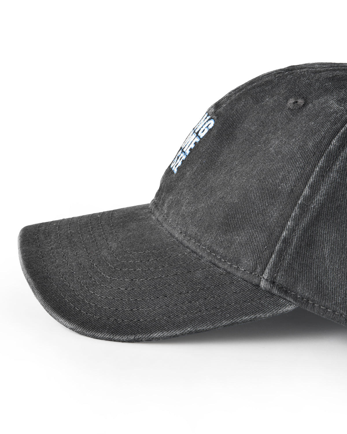 Black baseball cap with a logo on a white background