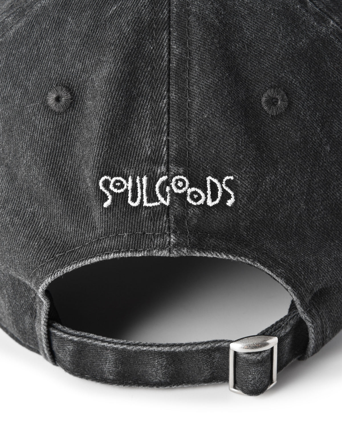 Black cap with 'SoulGoods' embroidery on a white background