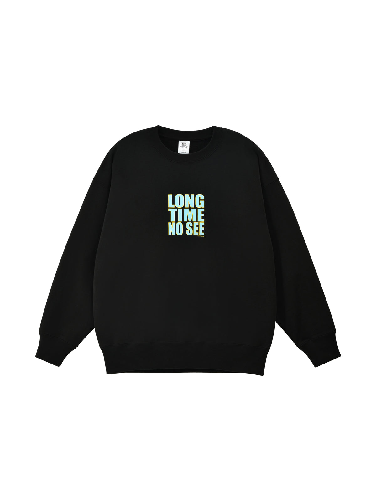 Black sweatshirt with 'LONG TIME NO SEE' text on a white background