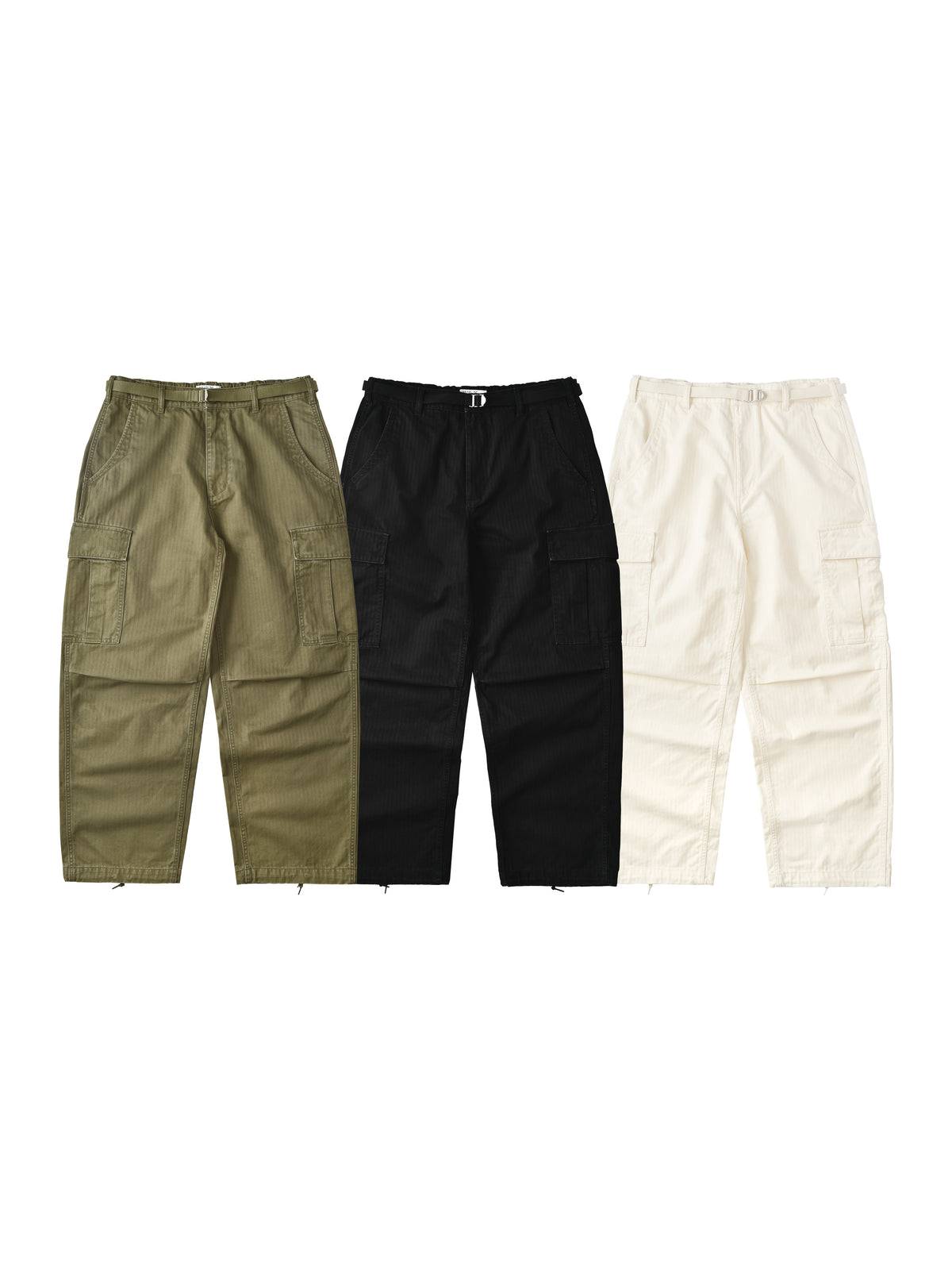 Three pairs of cargo pants in green, black, and beige on a white background