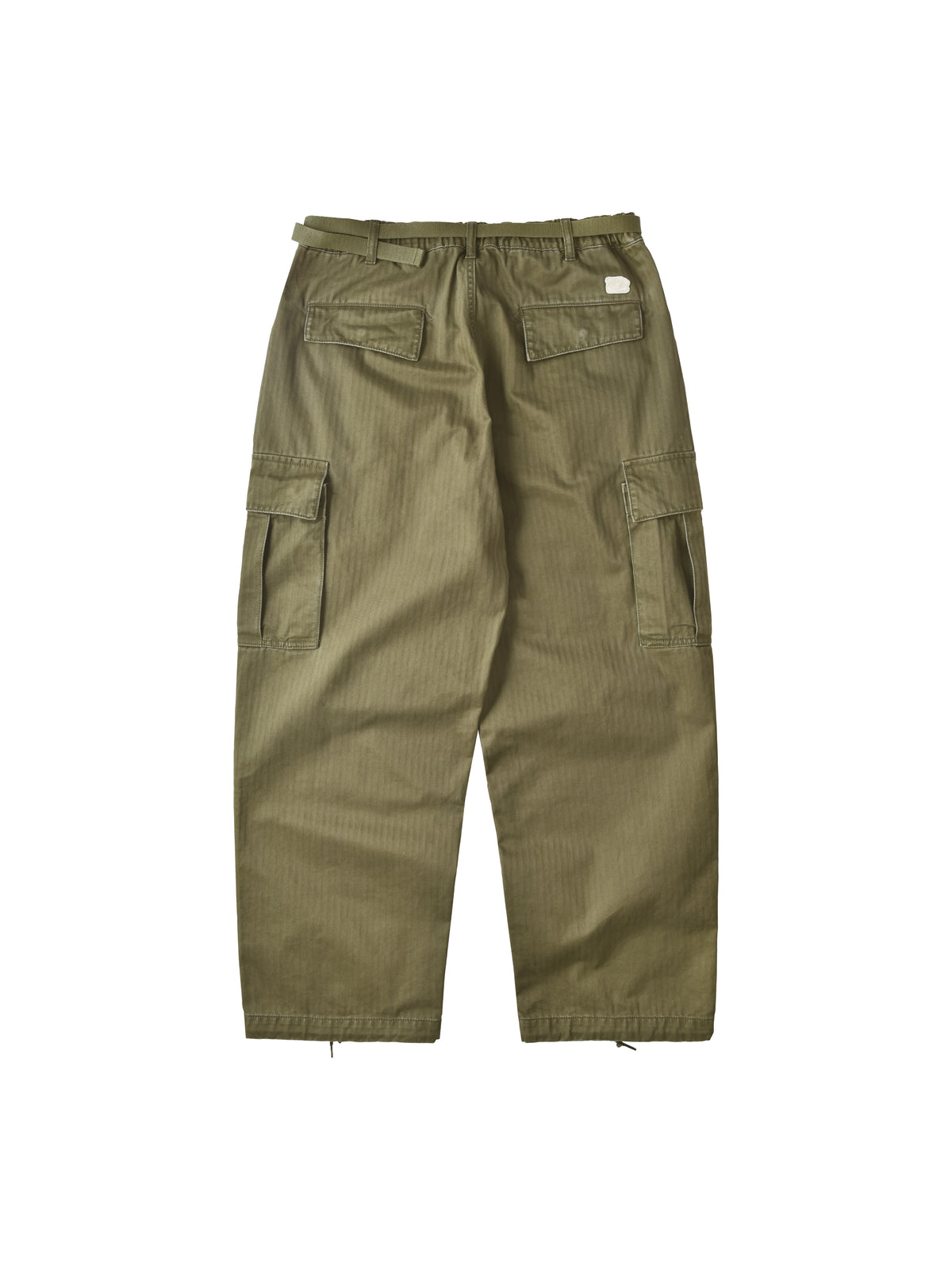 Olive green cargo pants on a white background