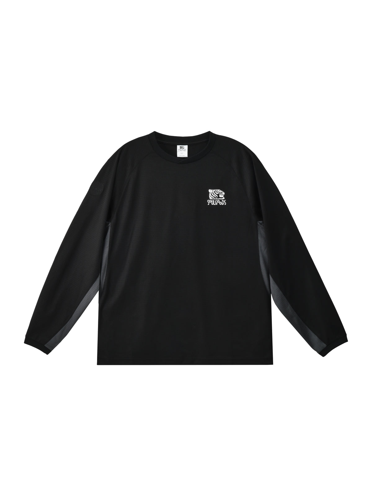 Black long-sleeve shirt with a logo on a white background