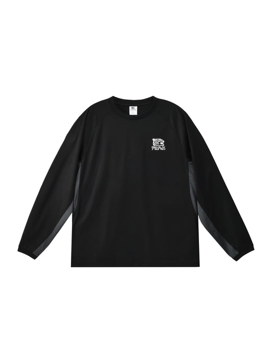 Black long-sleeve shirt with a logo on a white background