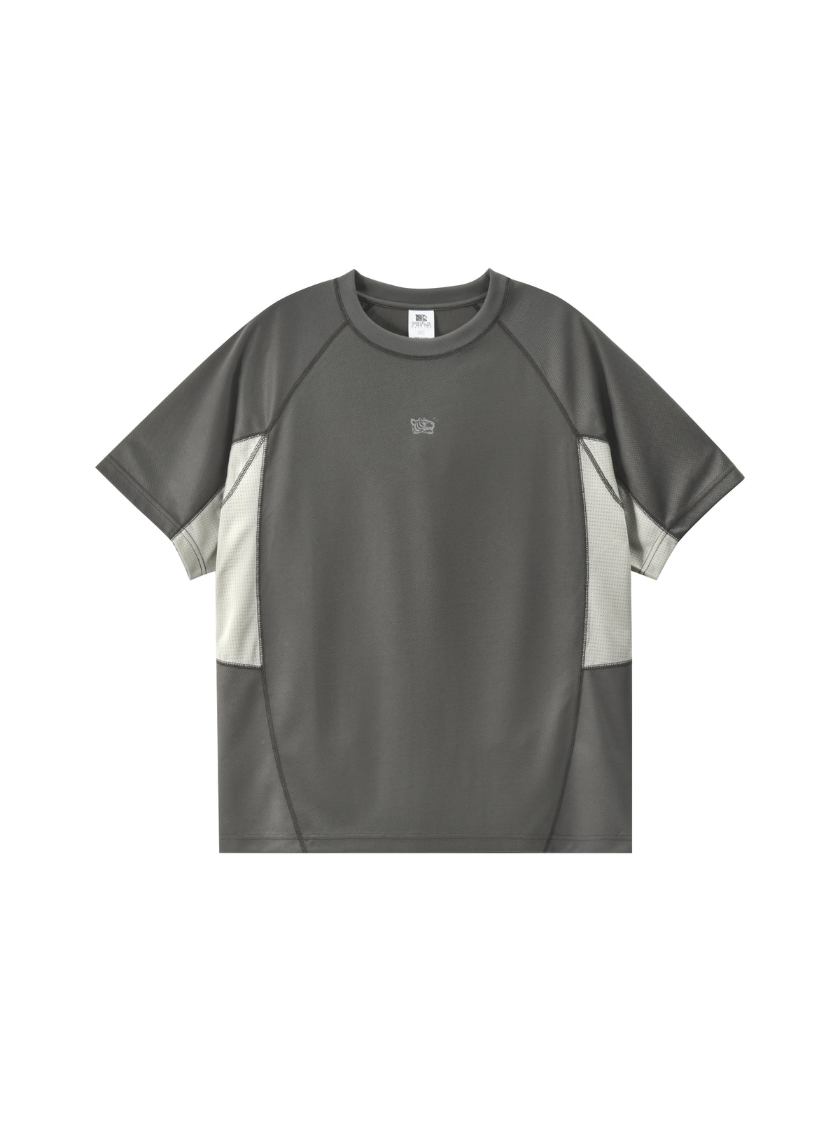 A short-sleeve athletic t-shirt in dark gray with light gray side panels and a small white tiger logo on the chest, displayed flat against a white background.